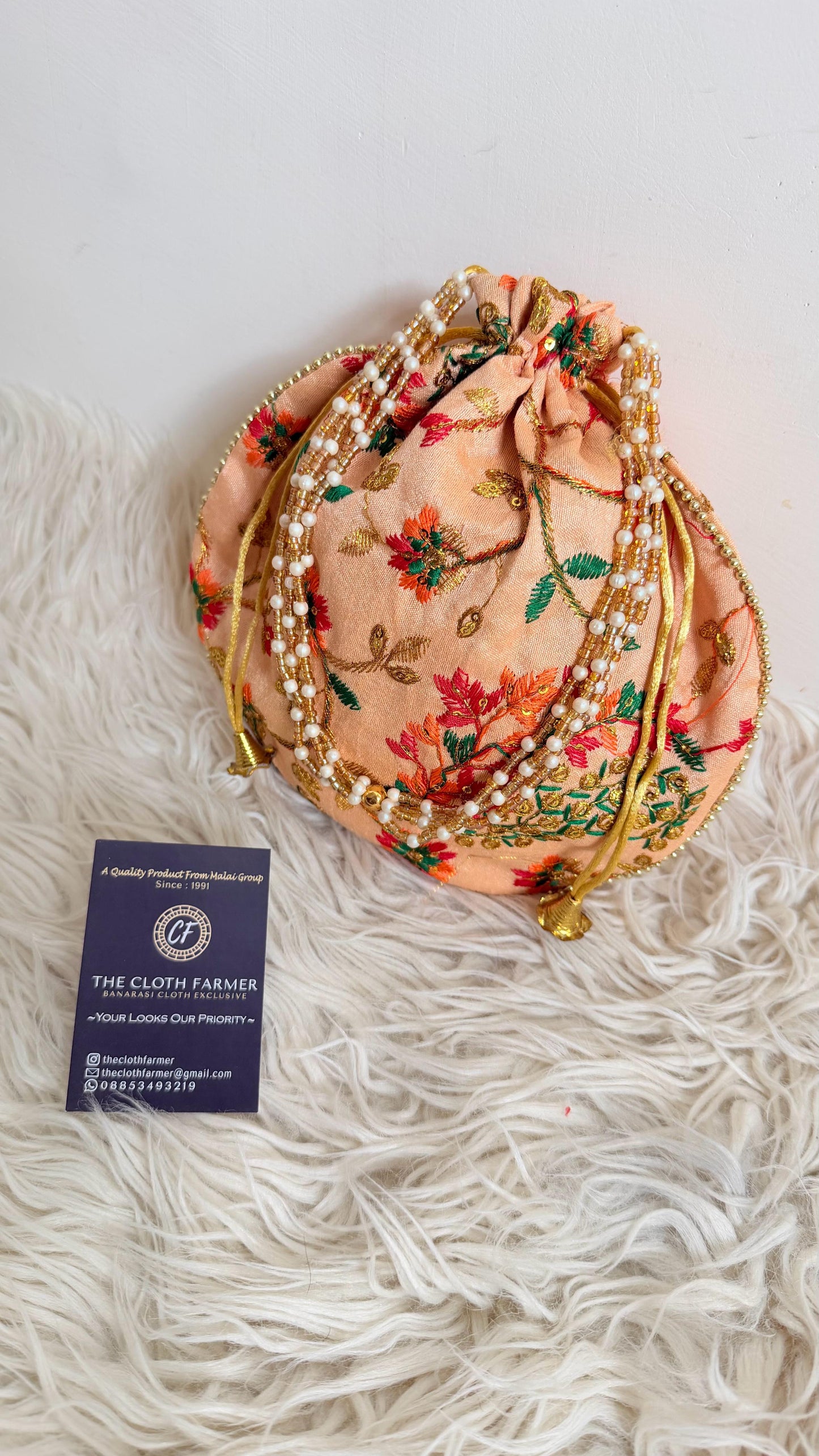 CREAM COLOR BANARASI EMBROIDED POTLI
