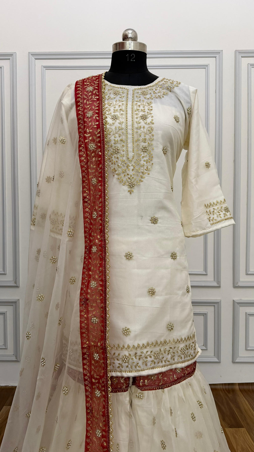 OFF-WHITE MAROON MEENA MOTIF ORGANZA GHARARA