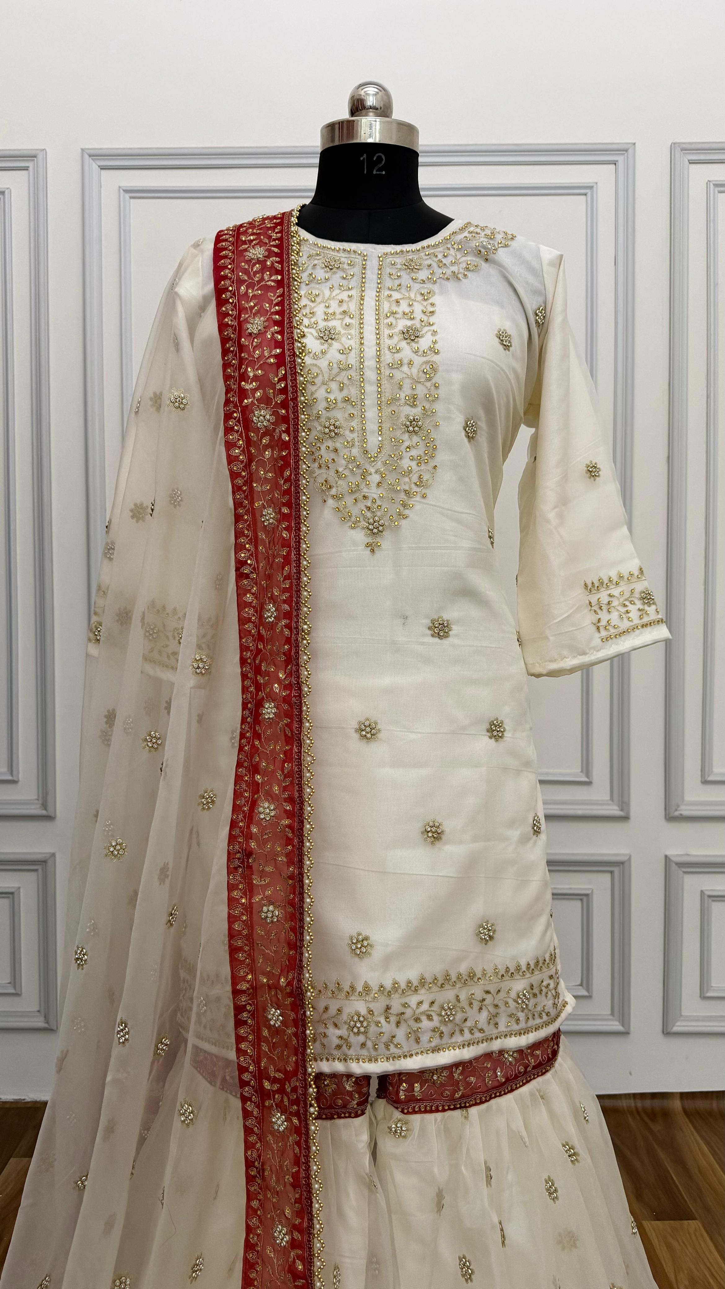 OFF-WHITE MAROON MEENA MOTIF ORGANZA GHARARA
