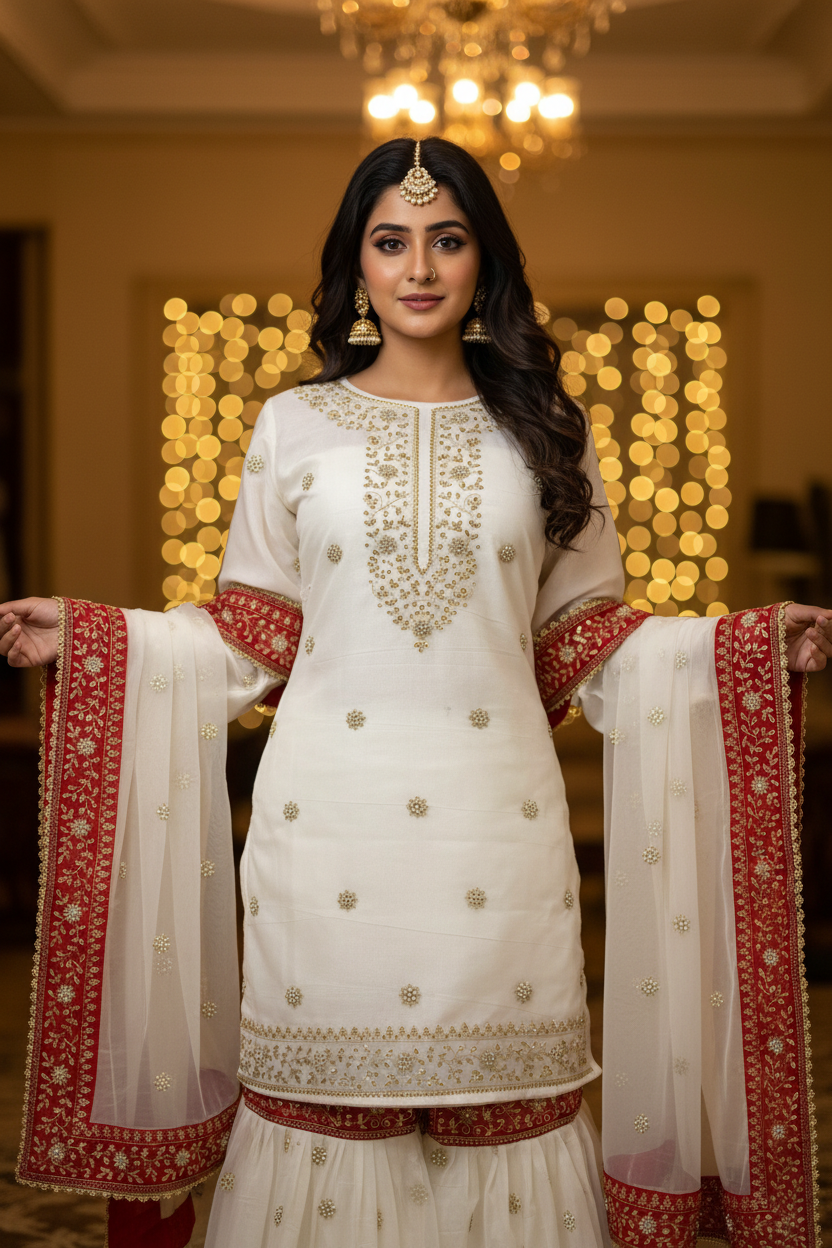 OFF-WHITE MAROON MEENA MOTIF ORGANZA GHARARA