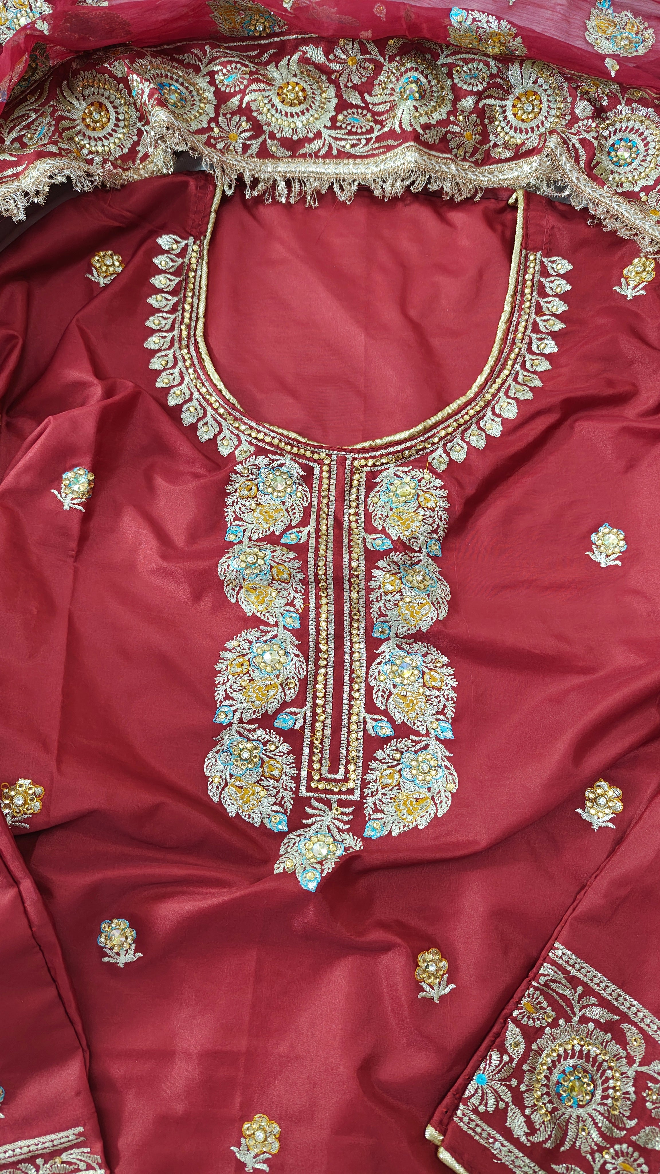 Blood maroon paan pattern Embroidered Gharara with Viscose silk base