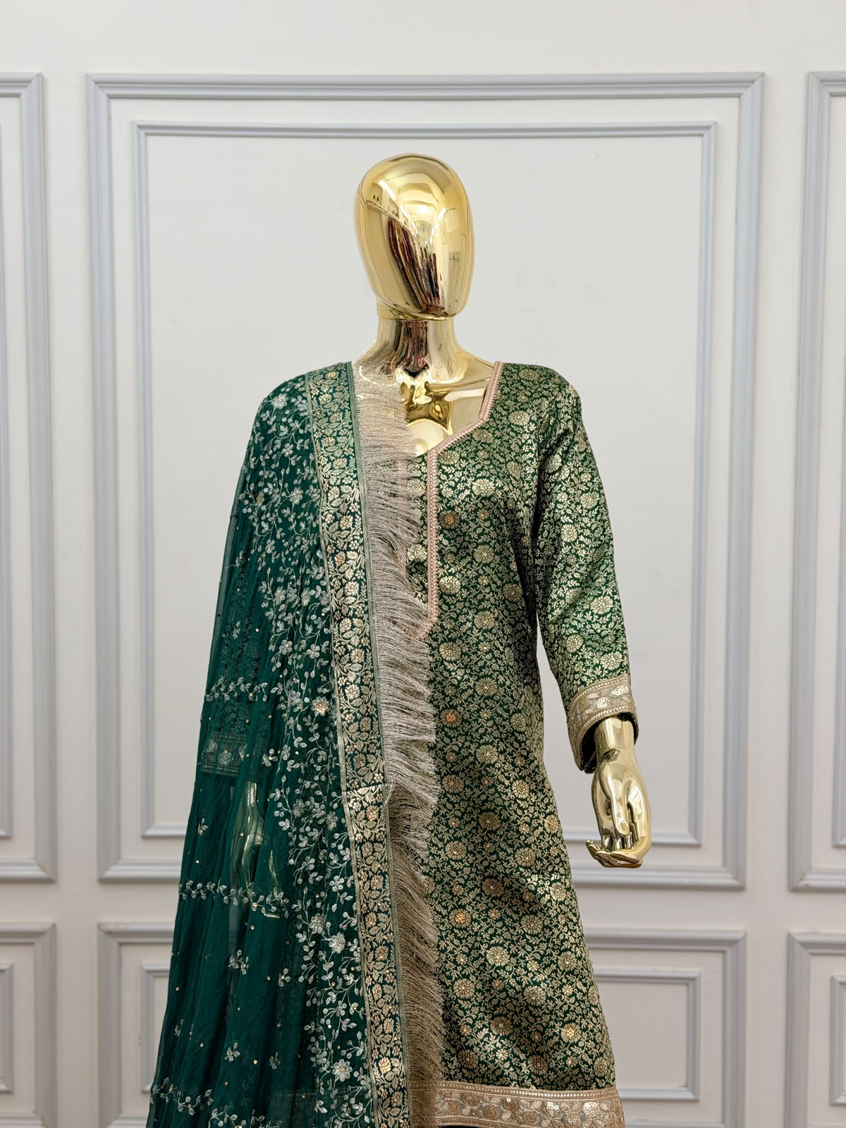 BOTTLE GREEN TOP GHARARA WITH STONE WORK
