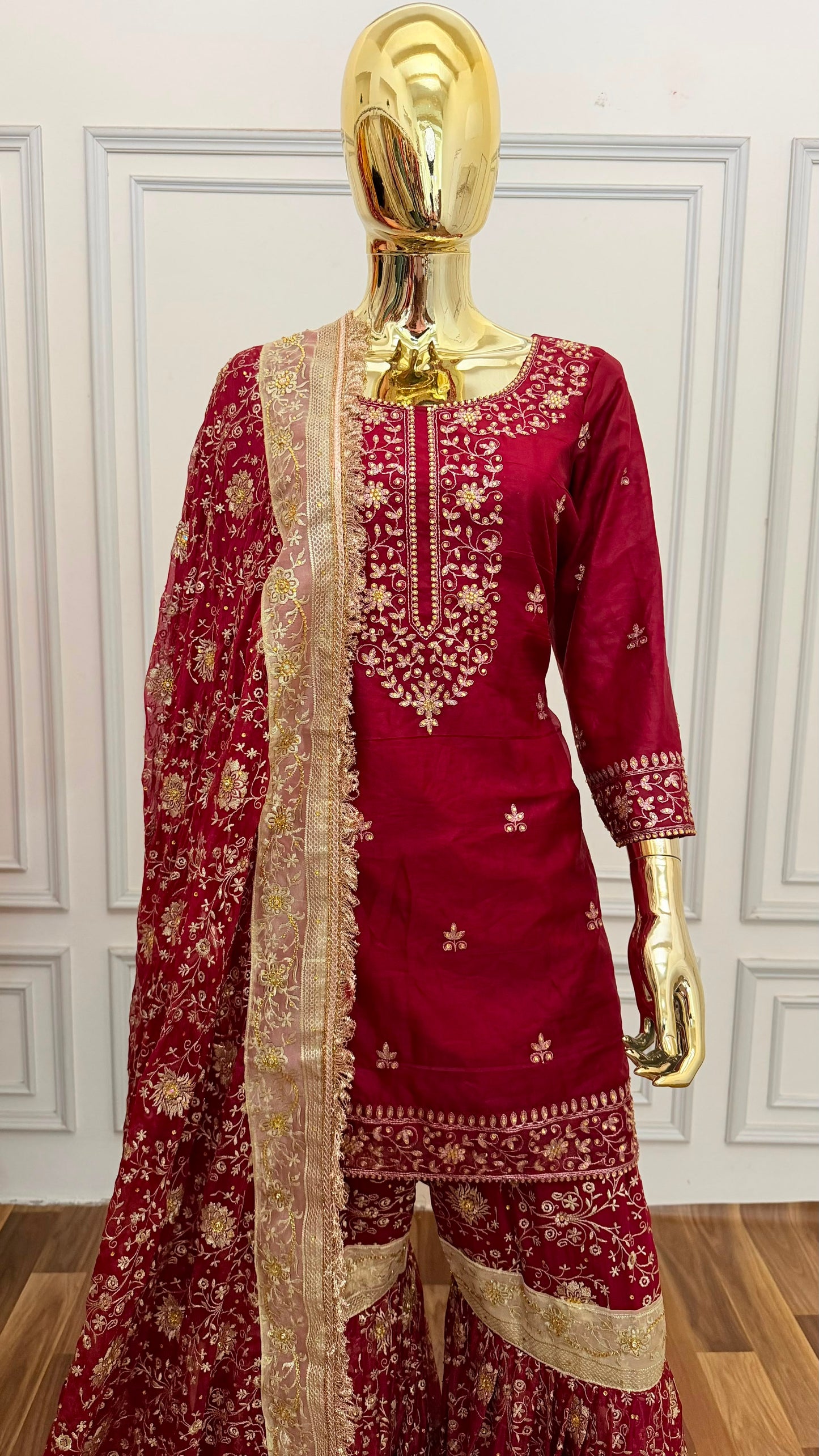 MAROON CHIFFON SILK GHARARA