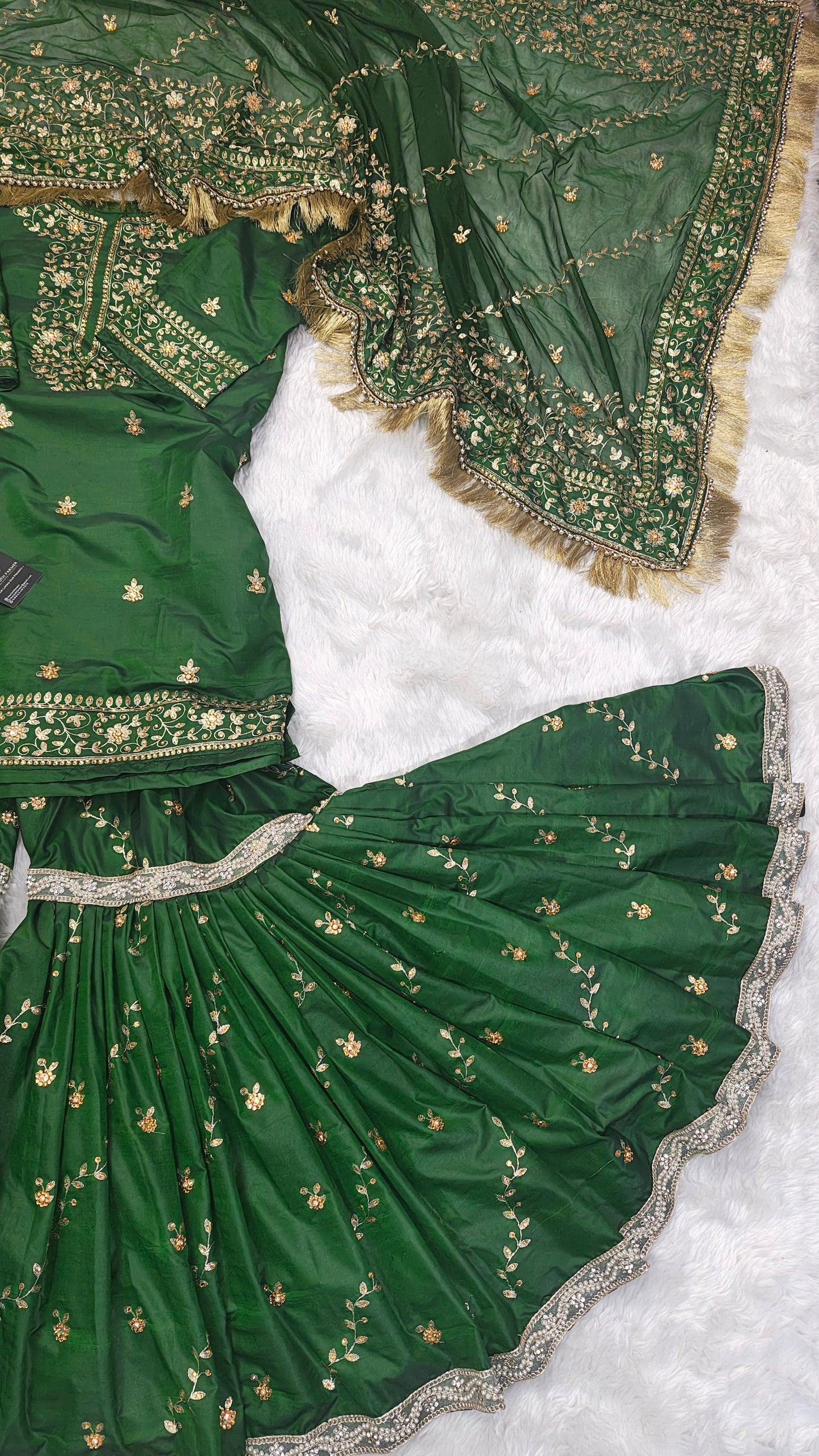 Dark Mehandi Green aada pattern Embroidered Gharara with Viscose silk base