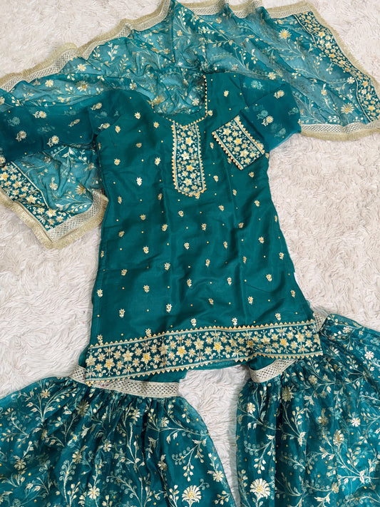 PASTLE GREEN ORGANZA KIDS GHARARA